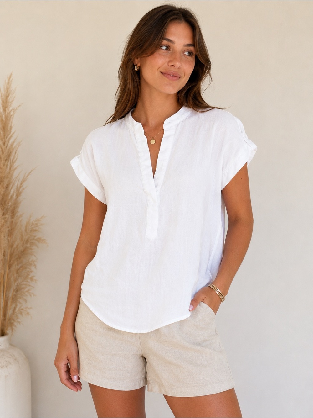 Mustard Seed White 100% Rayon Split Neck‎ Blouse Size Small